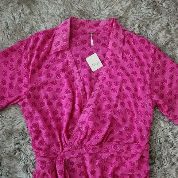 Free People Silver Honey Mini Wrap Dress Shell Print Berry Combo Pink Size Large - Picture 7 of 14